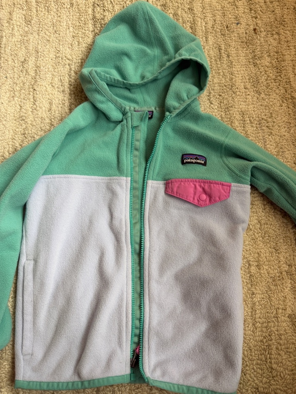 Patagonia Mint Green, Light Gray & Pink Hooded Fleece Jacket